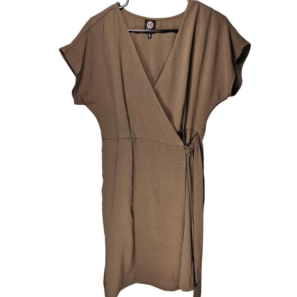 Bobeau Womens Olive Green Textured Crepe Wrap Dress Size Small V-Neck Office